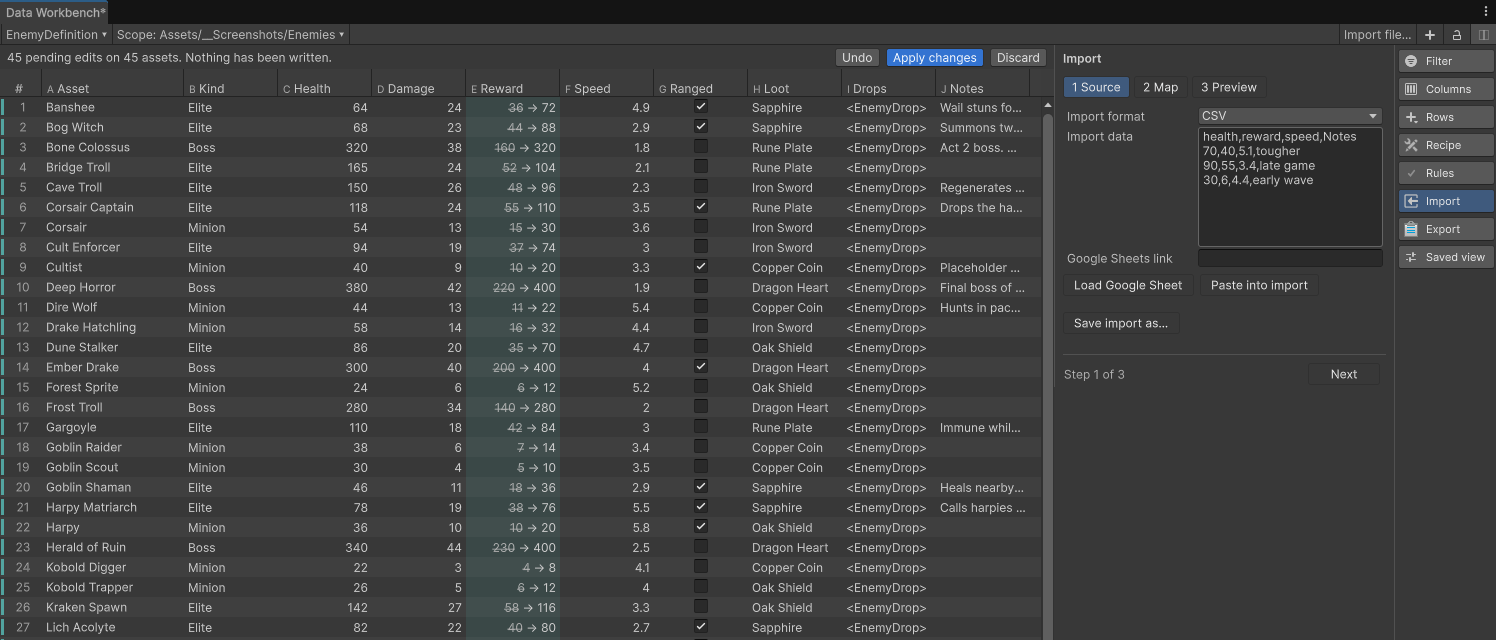 The Import panel at step 1 of 3, with CSV chosen as the format, four pasted rows of health, reward, speed, and notes, and a field for a Google Sheets link.